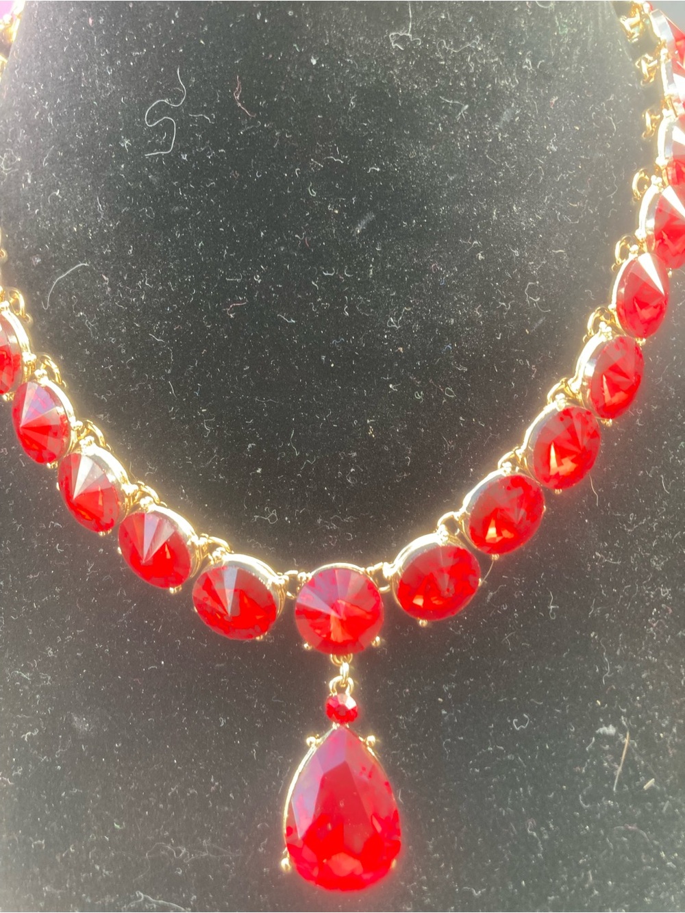 Natasha Couture Gold Red Crystal Teardrop Necklace